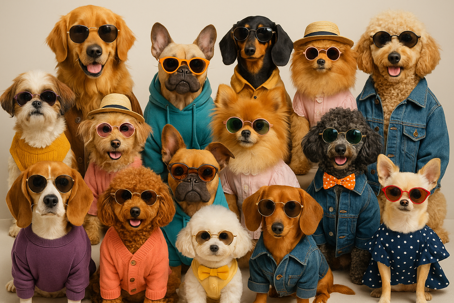 Photo avec beaucoup de chien habillé avec vetement et lunette